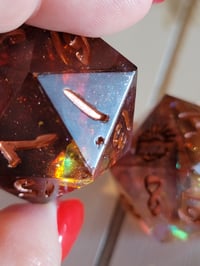 Image 9 of Fireheart - Karlach inspired 30 mm death save and chonk d20s