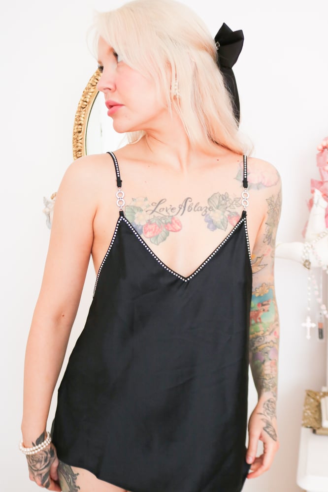 Image of Victoria's Secret Silky Black Top With Rhinestone Details (Medium)