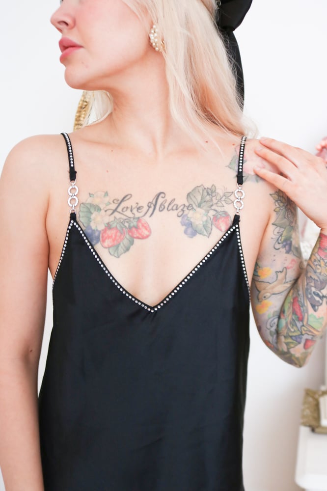 Image of Victoria's Secret Silky Black Top With Rhinestone Details (Medium)