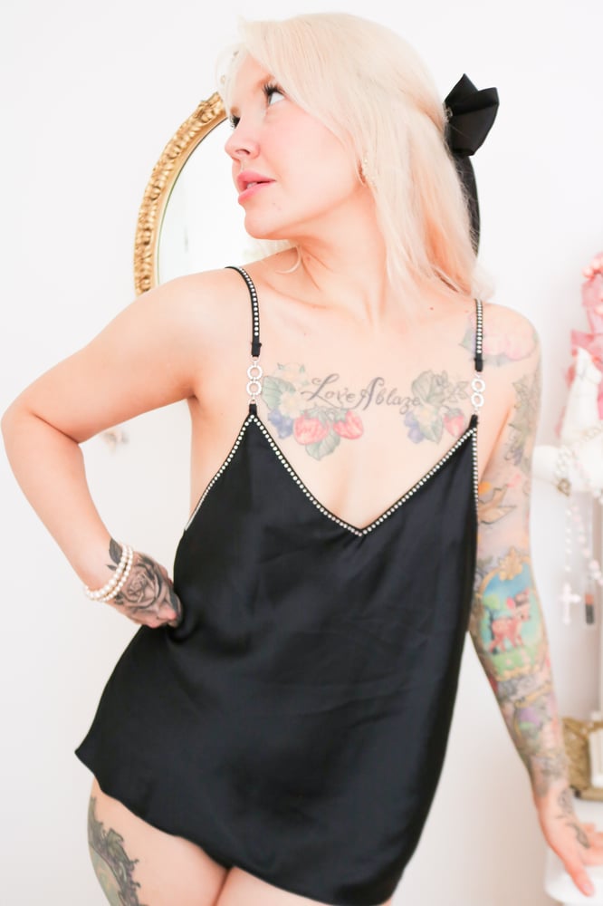 Image of Victoria's Secret Silky Black Top With Rhinestone Details (Medium)