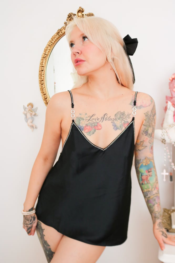 Image of Victoria's Secret Silky Black Top With Rhinestone Details (Medium)