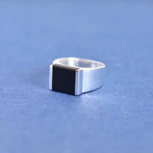 Image of Black Agate step cut wide band solid framed silver ring