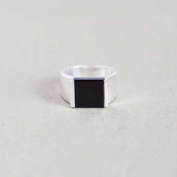 Image of Black Agate step cut wide band solid framed silver ring