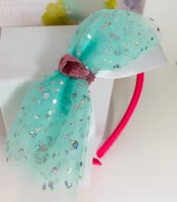 Image 3 of Large Sparkle Teal Tutu Bow Headband