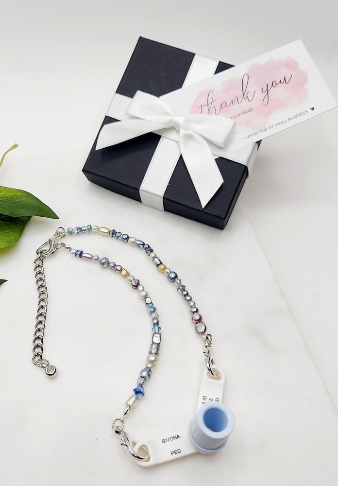 Image of Beaded Trach Ties, Adjustable, Tracheotomy Ties, Trach Chain (Multicolored Purple hues)