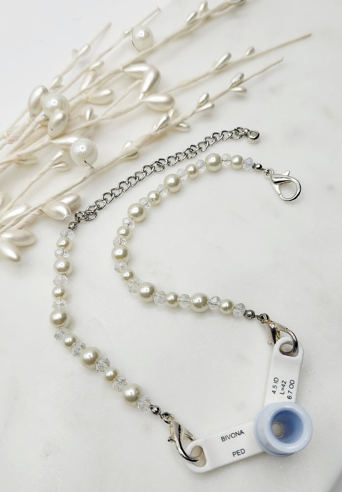 Image of Beaded Trach Ties , Adjustable, Tracheotomy Ties, Trach Chain (White Pearls)