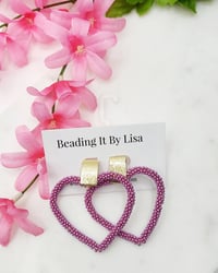 Image 1 of Lavender Heart Beaded Hoop Earrings, Woman's Earrings, Holiday Earrings, Gifts for Her