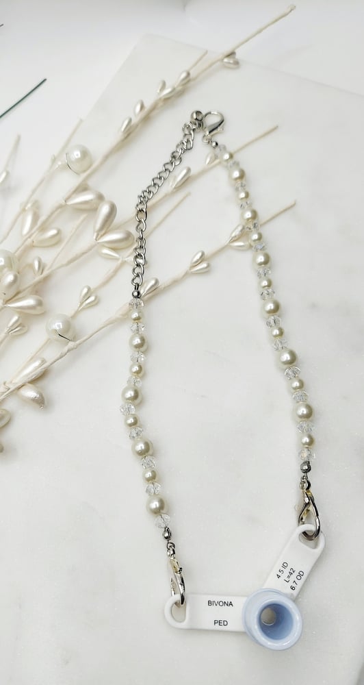 Image of Beaded Trach Ties , Adjustable, Tracheotomy Ties, Trach Chain (White Pearls)