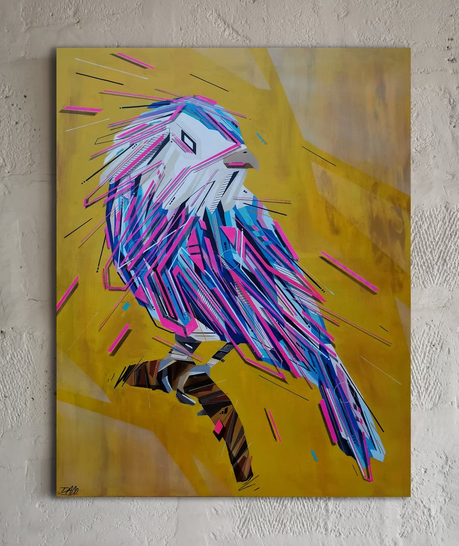 Image of Graffaune Oiseau perché 81 x 65 cm - Acrylique sur toile