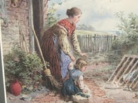 Image 2 of Antique Myles Birket Foster (b 1825) Engraving Print of Mother & Daughter Feeding Chicks, Framed