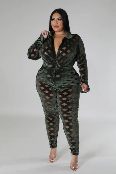 Image of 3PACK PLUS SIZE VELVET/MESH PIECE BODYSUIT/PANT SET-OLIVE