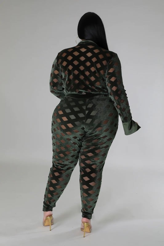 Image of 3PACK PLUS SIZE VELVET/MESH PIECE BODYSUIT/PANT SET-OLIVE