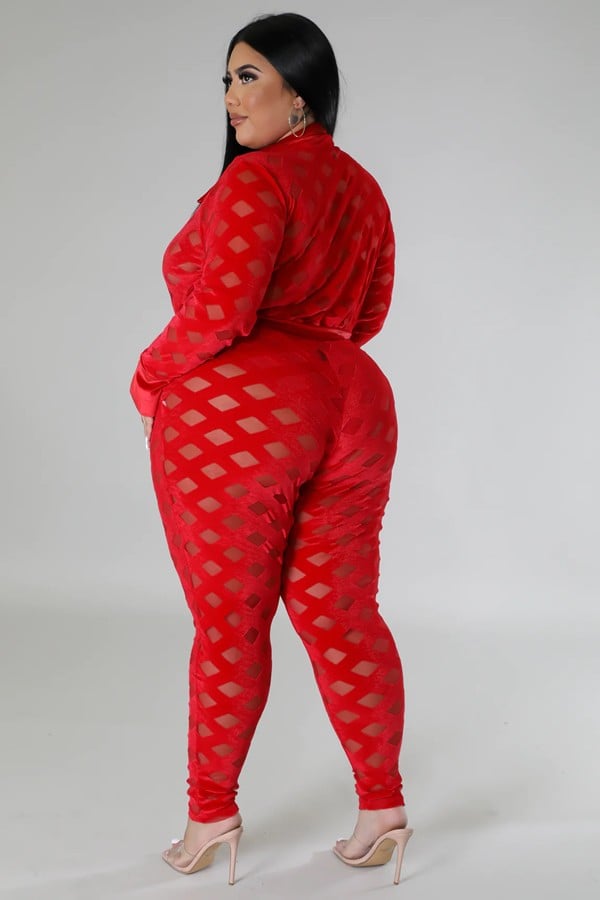 Image of 3PACK PLUS SIZE VELVET/MESH PIECE BODYSUIT/PANT SET-RED