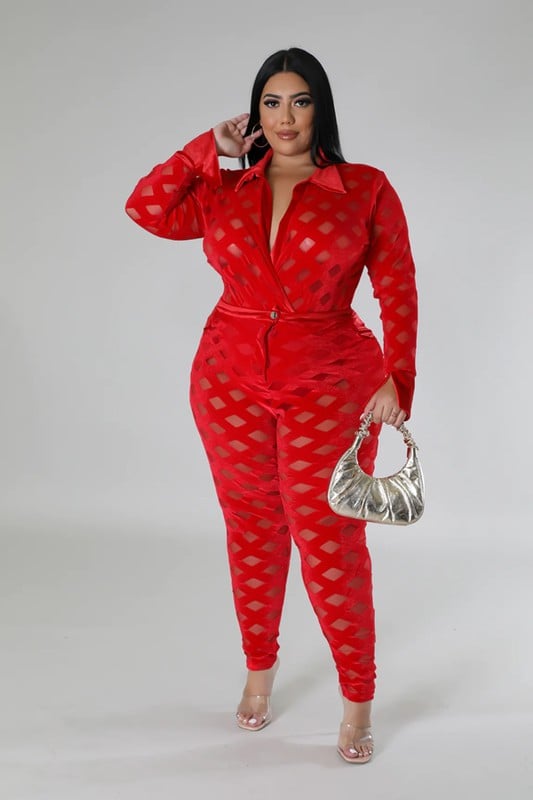 Image of 3PACK PLUS SIZE VELVET/MESH PIECE BODYSUIT/PANT SET-RED