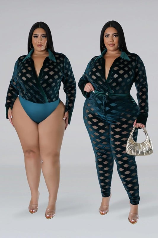 Image of 3PACK PLUS SIZE VELVET/MESH PIECE BODYSUIT/PANT SET-TEAL