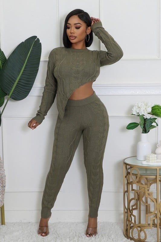 Image of 3PACK SLANT TOP SWEATER PANT SET-OLIVE