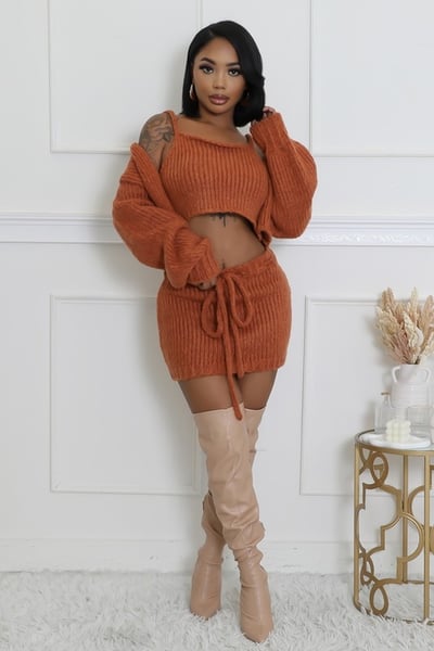 Image of 3PACK KNITTED 3-PIECE SWEATER SKIRT SET-RUST