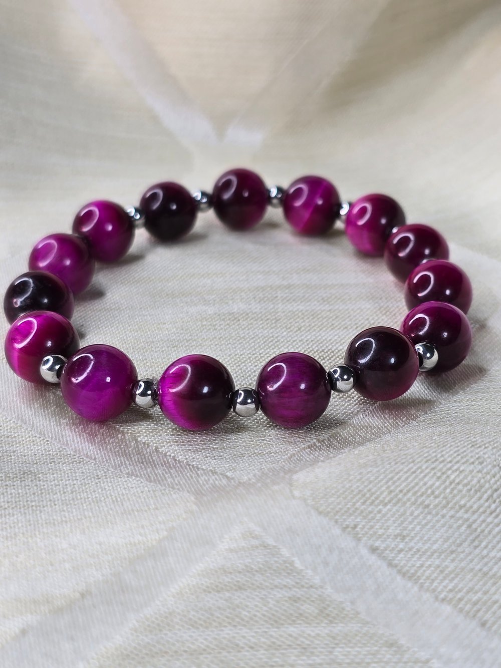 Image of Fuchsia Pink Tigers Eye Healing Beaded bracelet and 925 Sterling Silver