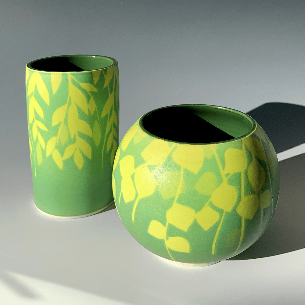 Image of Green Vines Small Cylinder Vase (5.5" height)