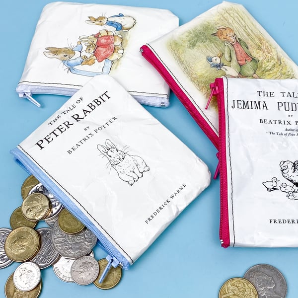 Image of Beatrix Potter Book Page Coin Purses (Peter Rabbit, Jemima Puddleduck, Tom Kitten)