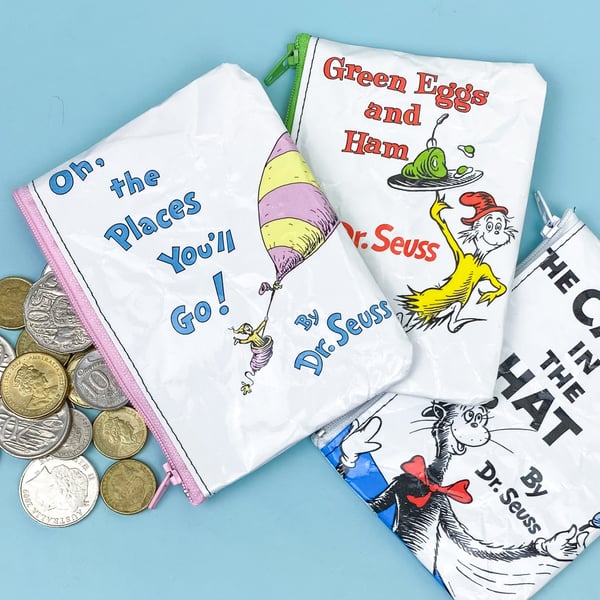 Image of Dr Seuss Book Page Coin Purses (Oh the Places You’ll Go, Cat in the Hat, Green Eggs Ham, Grinch