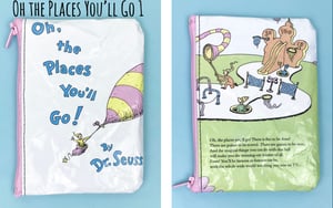 Image of Dr Seuss Book Page Coin Purses (Oh the Places You’ll Go, Cat in the Hat, Green Eggs Ham, Grinch