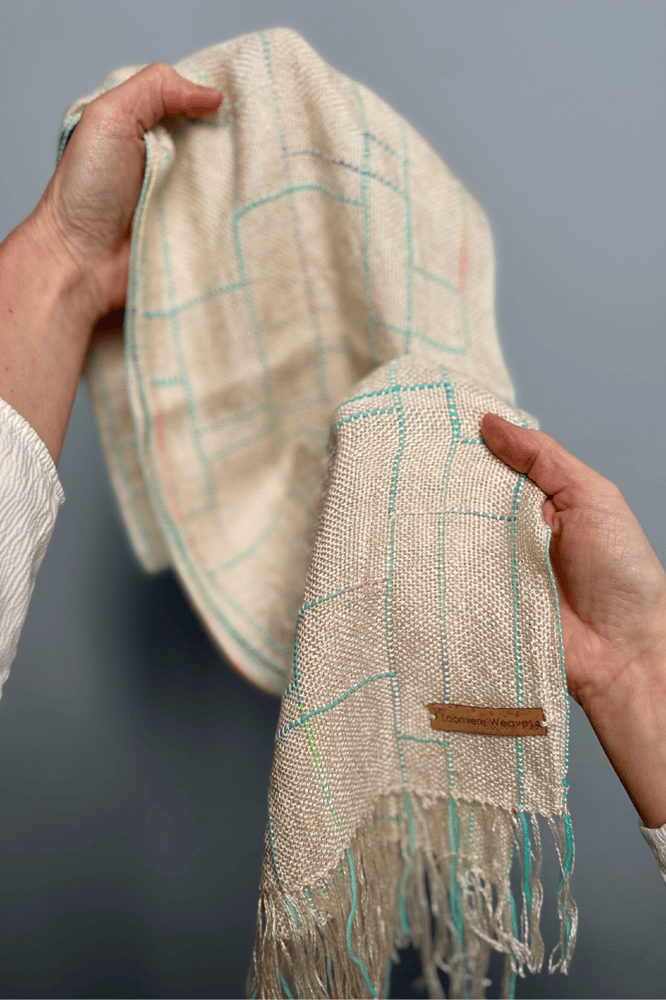 Image of Ecru & Turquoise Silk/Seaweed Linear Scarf