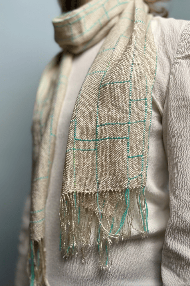 Image of Ecru & Turquoise Silk/Seaweed Linear Scarf