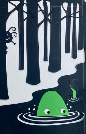 Image of original paper cut-out "Flyboy following the octopus through the forest"