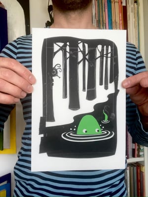 Image of original paper cut-out "Flyboy following the octopus through the forest"