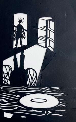 Image of original paper cut-out "Flyboy in the empty kitchen"