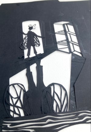 Image of original paper cut-out "Flyboy in the empty kitchen"