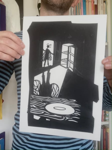 Image of original paper cut-out "Flyboy in the empty kitchen"