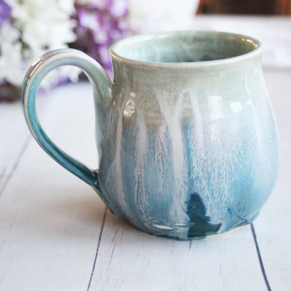 Image of Discounted "Second" Turquoise Pottery Mug with Dripping Glazes, Made in USA