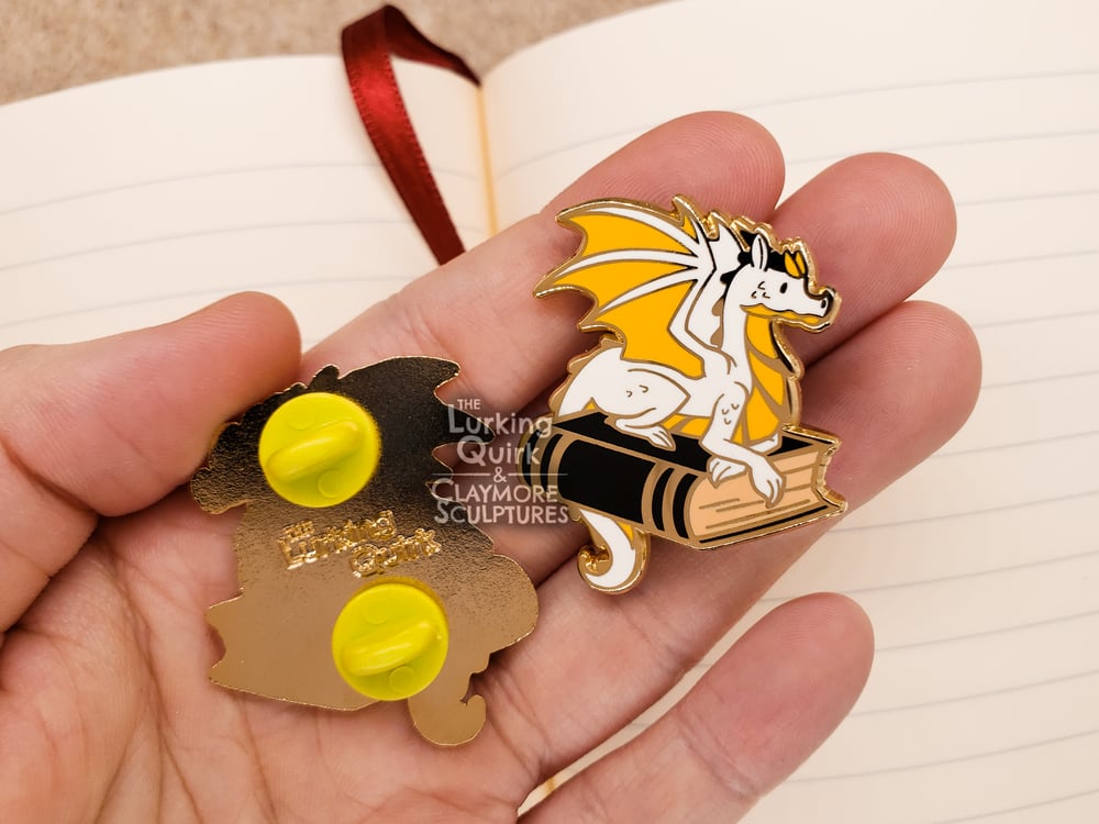 Book Dragon Hard Enamel Pin - White and Black