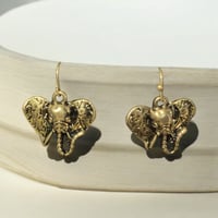Image 1 of Small Gold Elephant Head Dangle Earrings 