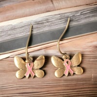 Image 1 of Gold Cancer Ribbon Butterfly Earrings