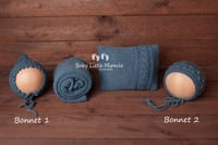 Image 3 of Knitted pillow wrap and bonnet hats denim