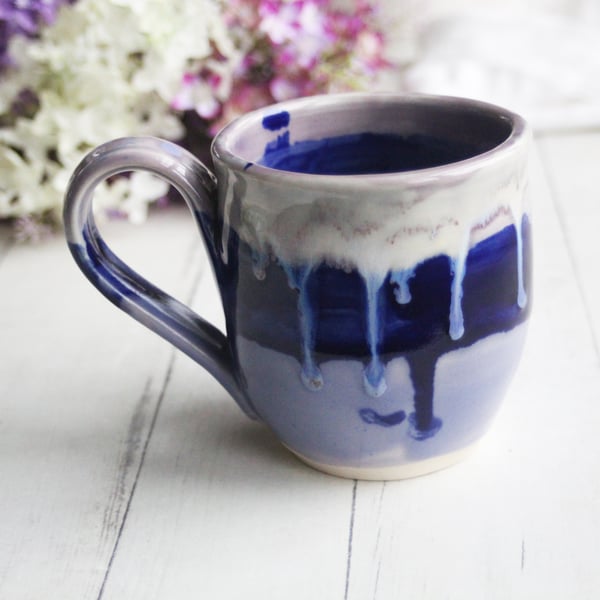 Image of Stoneware Mug in Dripping Blue and Purple Glazes, 13 oz. Handmade Pottery Coffee Cup, Made in USA