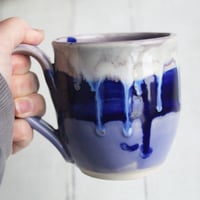 Image 9 of Stoneware Mug in Dripping Blue and Purple Glazes, 13 oz. Handmade Pottery Coffee Cup, Made in USA