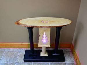 Image of Handmade Wooden Live Edge End Table with color changing LED lights, Carved deer antler and pine tree