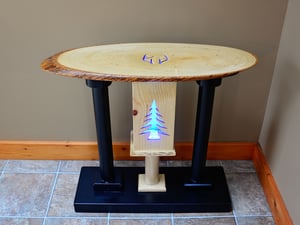 Image of Handmade Wooden Live Edge End Table with color changing LED lights, Carved deer antler and pine tree
