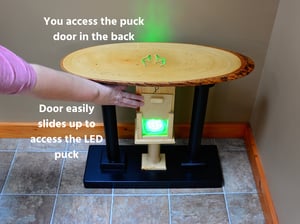 Image of Handmade Wooden Live Edge End Table with color changing LED lights, Carved deer antler and pine tree