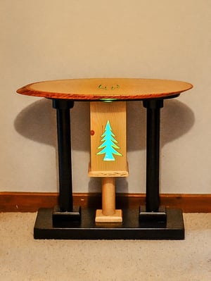 Image of Handmade Wooden Live Edge End Table with color changing LED lights, Carved deer antler and pine tree