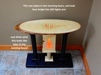 Image 4 of Handmade Wooden Live Edge End Table with color changing LED lights, Carved deer antler and pine tree