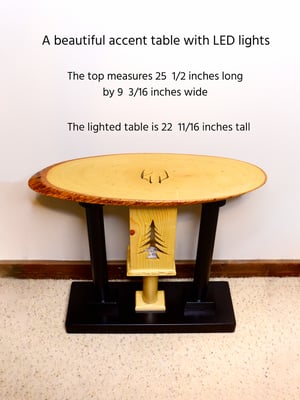 Image of Handmade Wooden Live Edge End Table with color changing LED lights, Carved deer antler and pine tree