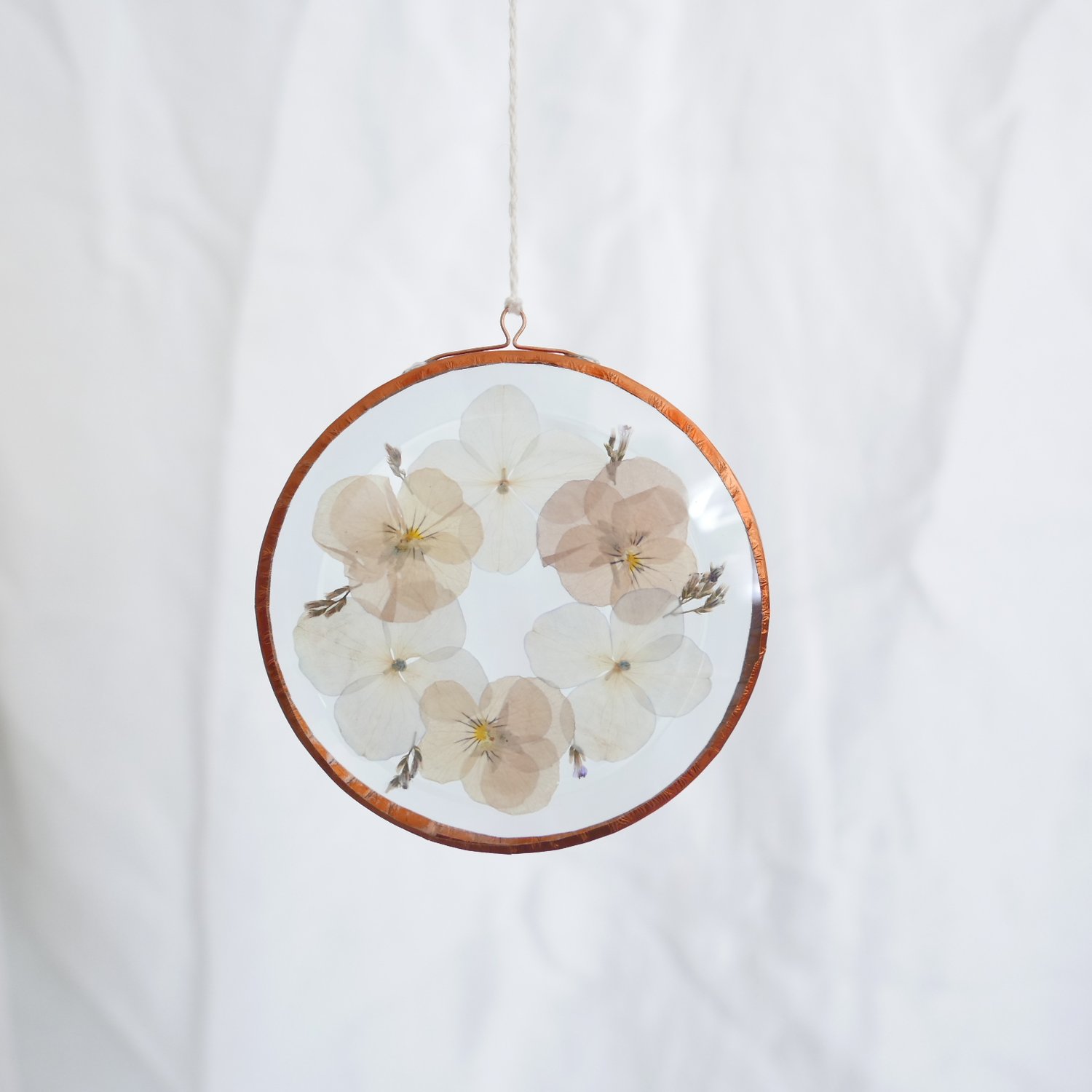 Image of Pressed Flower Suncatcher Viola and Hydrangea Wreath