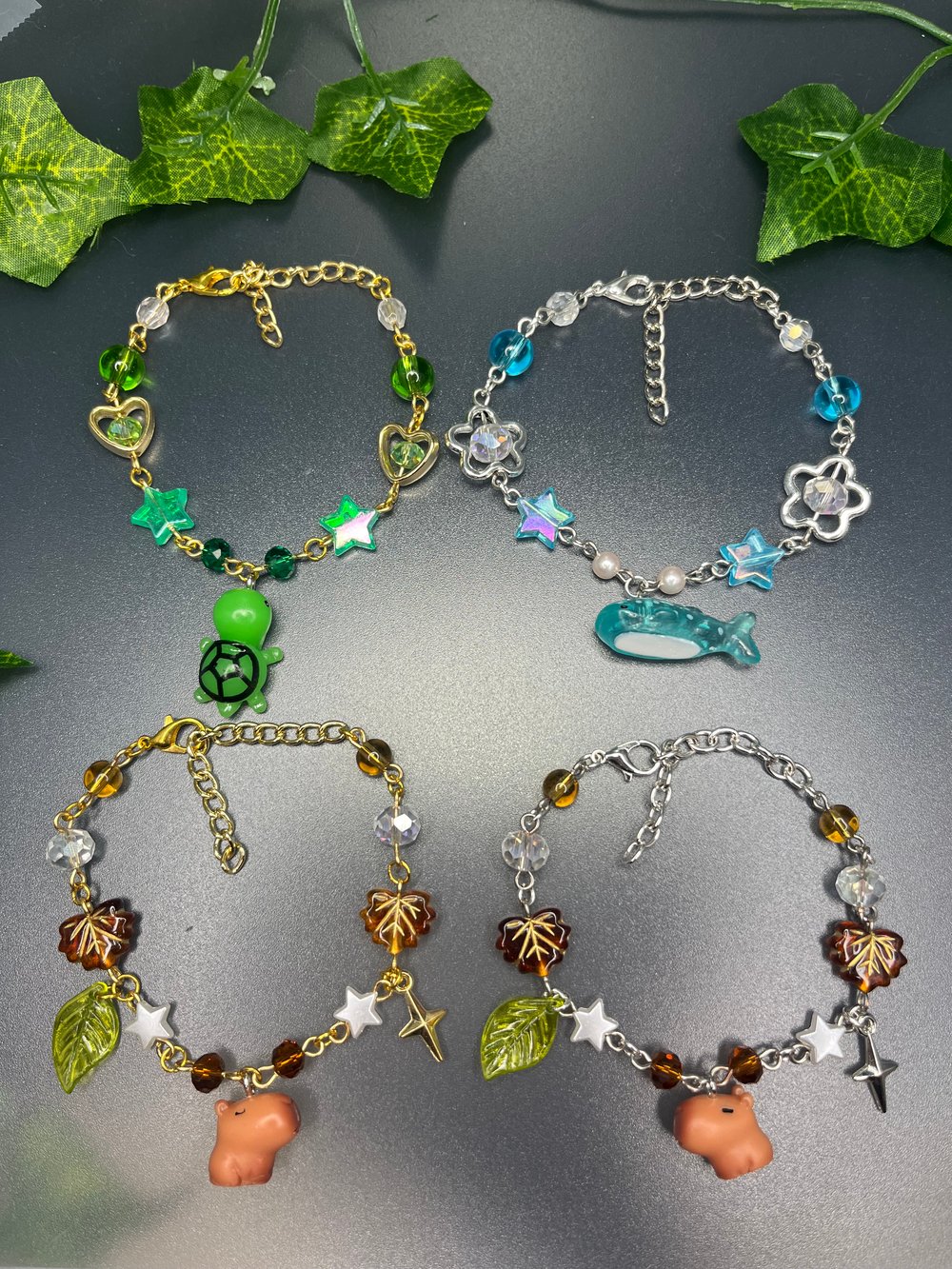 Image of Whale shark, Turtle, Frog, and Capybara Charm Bracelets