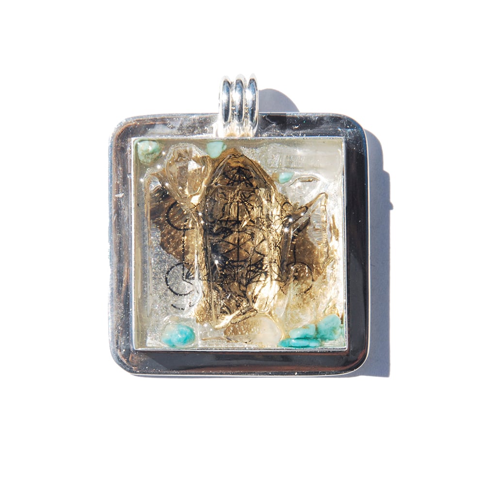 Image of Square Bezel:  Brazilian Quartz/Turquoise/24K Gold/Metatron's Cube - 82