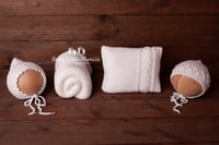 Image 2 of Knitted pillow wrap and bonnet hats white